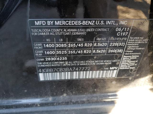 4JGBB7CB3BA747772 - 2011 MERCEDES-BENZ ML 550 4MATIC BLACK photo 12