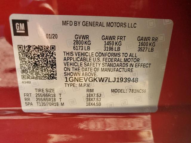 1GNEVGKW7LJ193948 - 2020 CHEVROLET TRAVERSE LT RED photo 14