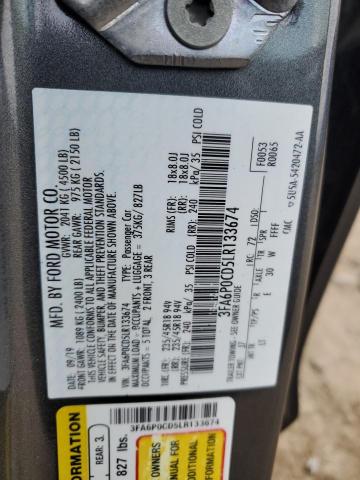 3FA6P0CD5LR133674 - 2020 FORD FUSION SEL CHARCOAL photo 12