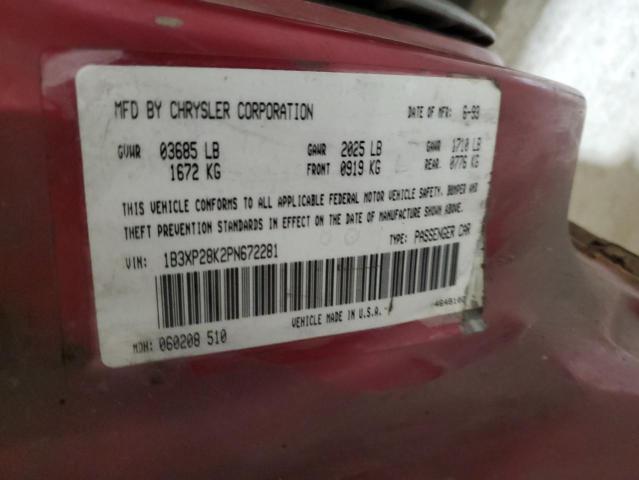 1B3XP28K2PN672281 - 1993 DODGE SHADOW RED photo 12