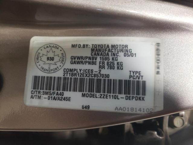 2T1BR12EX2C857030 - 2002 TOYOTA COROLLA CE TAN photo 12