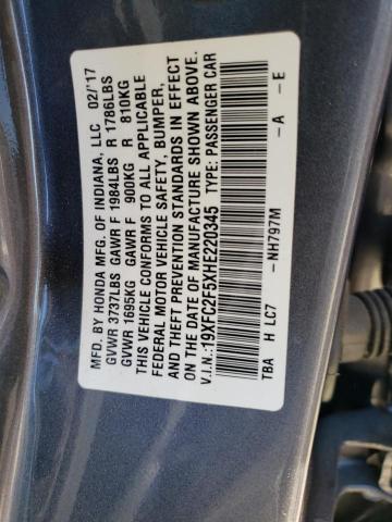 19XFC2F5XHE220345 - 2017 HONDA CIVIC LX GRAY photo 12