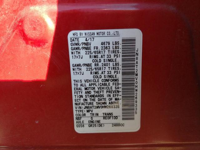 JN8AT2MV0HW269335 - 2017 NISSAN ROGUE S RED photo 12