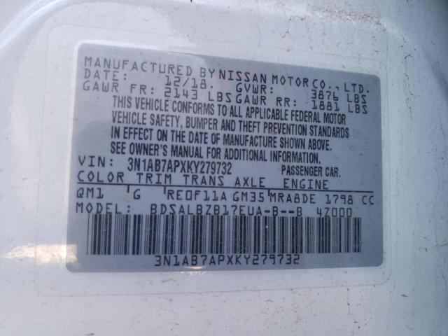 3N1AB7APXKY279732 - 2019 NISSAN SENTRA S WHITE photo 12