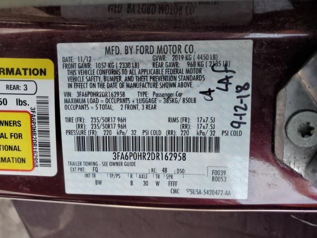 3FA6P0HR2DR162958 - 2013 FORD FUSION SE MAROON photo 13