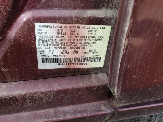 1N4AL11D72C138886 - 2002 NISSAN ALTIMA BASE MAROON photo 10