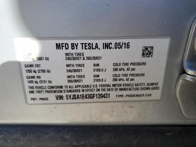5YJSA1E43GF139431 - 2016 TESLA MODEL S SILVER photo 13