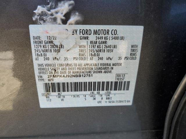 2FMPK4J92NBB12751 - 2022 FORD EDGE SEL GRAY photo 13