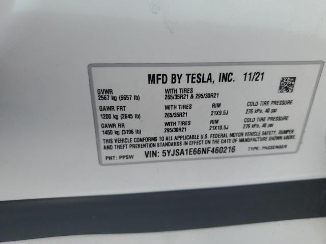 5YJSA1E66NF460216 - 2022 TESLA MODEL S თეთრი ფოტო 13