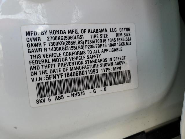 5FNYF18406B011993 - 2006 HONDA PILOT EX WHITE photo 12