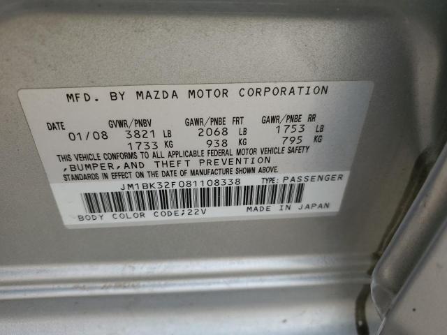 JM1BK32F081108338 - 2008 MAZDA 3 I SILVER photo 12