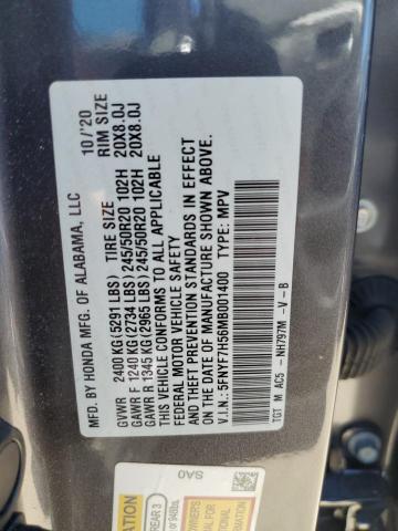 5FNYF7H56MB001400 - 2021 HONDA PASSPORT EXL GRAY photo 13
