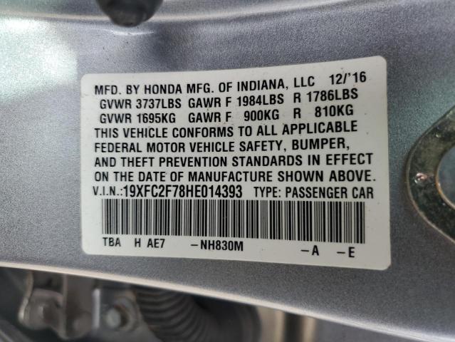 19XFC2F78HE014393 - 2017 HONDA CIVIC EX SILVER photo 13