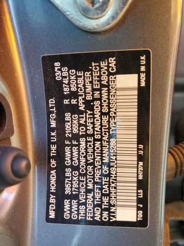 SHHFK7H49JU415288 - 2018 HONDA CIVIC SPORT ნაცრისფერი ფოტო 12