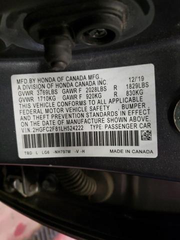 2HGFC2F81LH524222 - 2020 HONDA CIVIC SPORT 灰色 照片 12