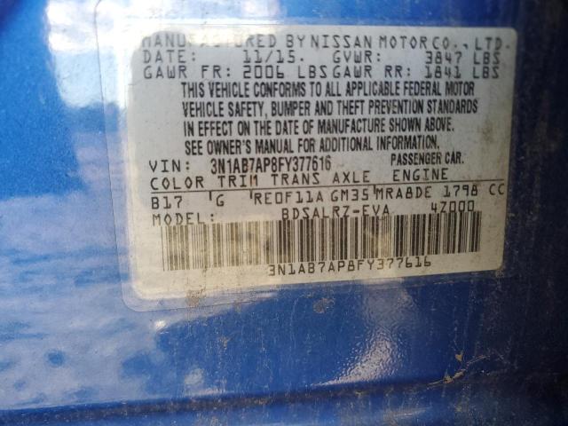 3N1AB7AP8FY377616 - 2015 NISSAN SENTRA S BLUE photo 12