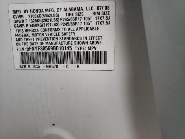 5FNYF38569B010145 - 2009 HONDA PILOT EXL WHITE photo 14