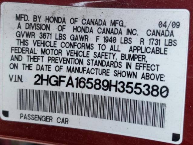 2HGFA16589H355380 - 2009 HONDA CIVIC LX TWO TONE photo 12