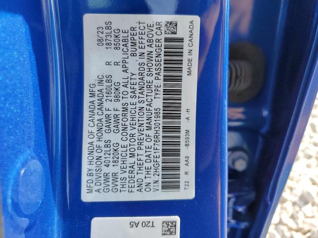 2HGFE1F76RH301985 - 2024 HONDA CIVIC EX BLUE photo 12