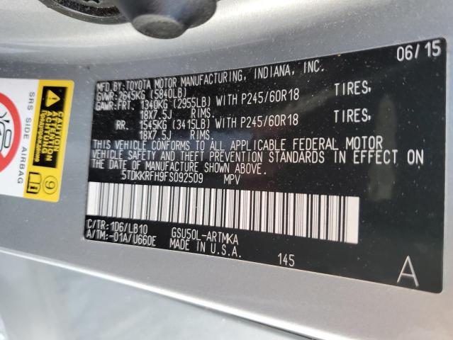 5TDKKRFH9FS092509 - 2015 TOYOTA HIGHLANDER XLE 银色 照片 13