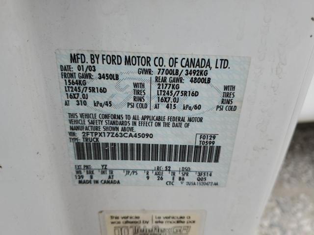 2FTPX17Z63CA45090 - 2003 FORD F150 WHITE photo 12