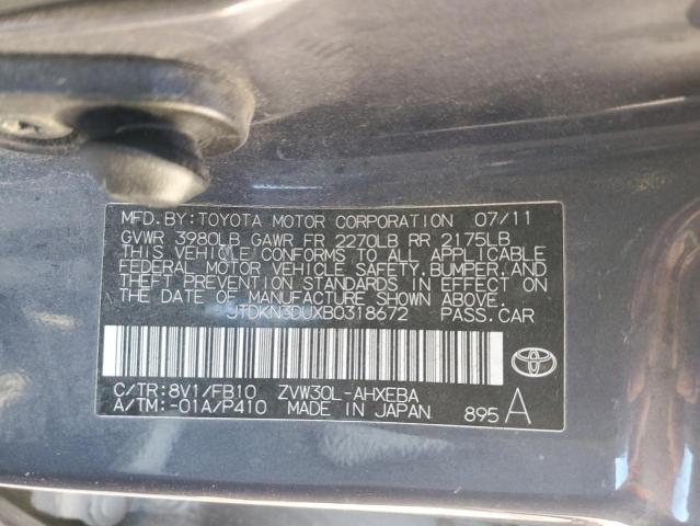 JTDKN3DUXB0318672 - 2011 TOYOTA PRIUS GRAY photo 12