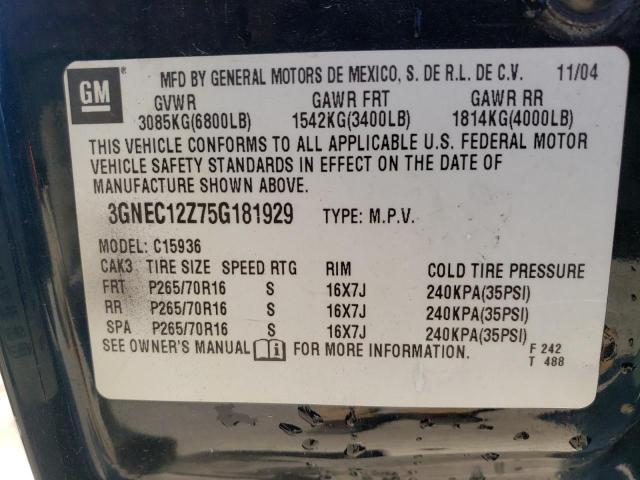 3GNEC12Z75G181929 - 2005 CHEVROLET AVALANCHE C1500 BLACK photo 12