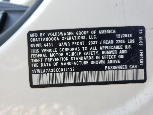1VWLA7A35KC012137 - 2019 VOLKSWAGEN PASSAT WOLFSBURG WHITE photo 12
