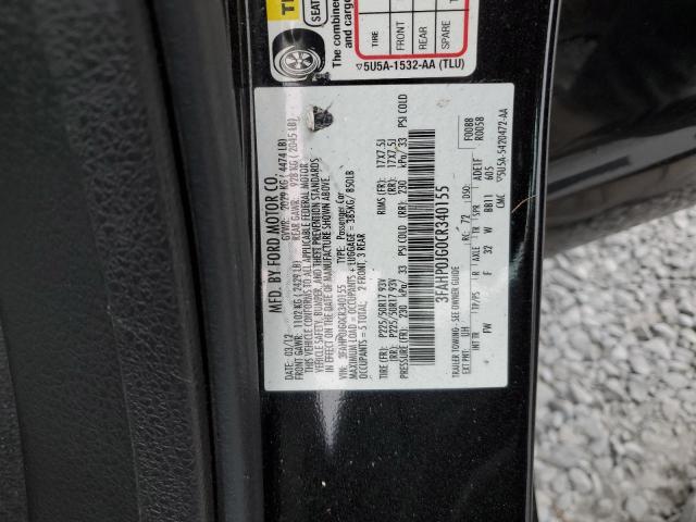 3FAHP0JG0CR340155 - 2012 FORD FUSION SEL BLACK photo 12