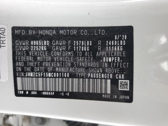 JHMZC5F15MC001160 - 2021 HONDA CLARITY WHITE photo 12