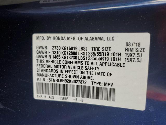 5FNRL6H92KB027872 - 2019 HONDA ODYSSEY ELITE BLUE photo 13