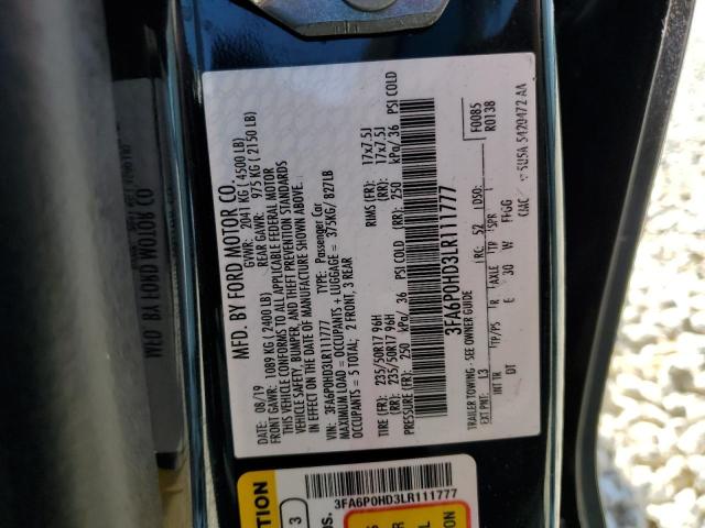 3FA6P0HD3LR111777 - 2020 FORD FUSION SE BLACK photo 12