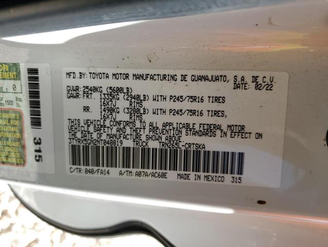 3TYRX5GN2NT048819 - 2022 TOYOTA TACOMA ACCESS CAB Ақ фото 12