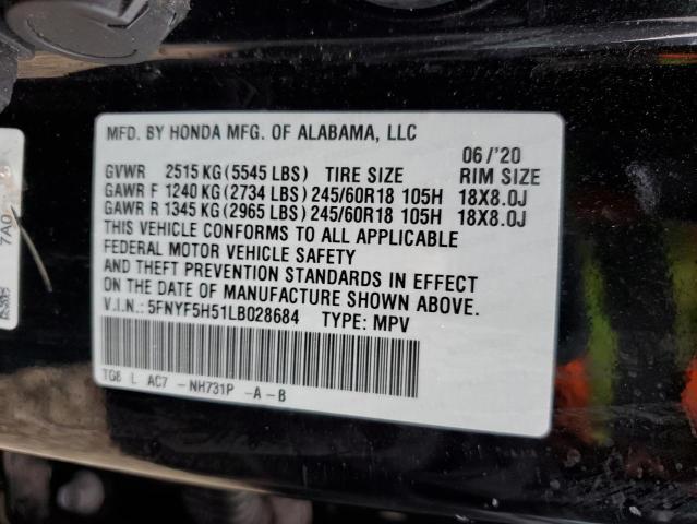 5FNYF5H51LB028684 - 2020 HONDA PILOT EXL BLACK photo 13