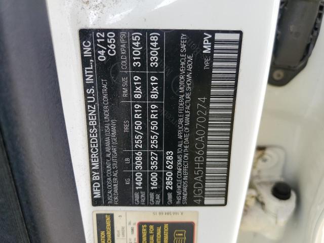 4JGDA5HB6CA070274 - 2012 MERCEDES-BENZ ML 350 4MATIC WHITE photo 13