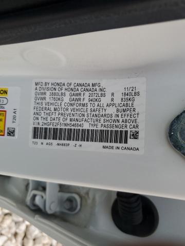 2HGFE2F51NH546840 - 2022 HONDA CIVIC SPORT WHITE photo 12