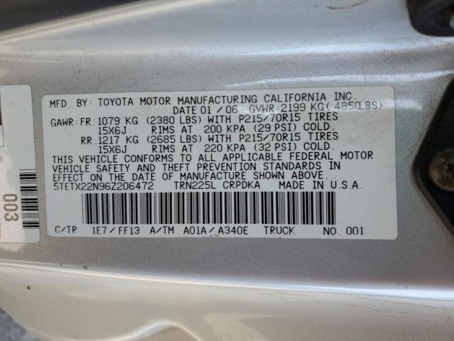 5TETX22N96Z206472 - 2006 TOYOTA TACOMA ACCESS CAB ვერცხლისფერი ფოტო 12