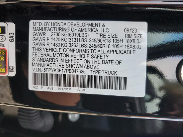 5FPYK3F17PB047625 - 2023 HONDA RIDGELINE SPORT BLACK photo 12