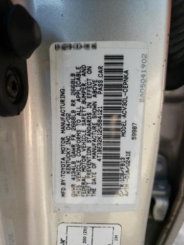 4T1BE32K12U584121 - 2002 TOYOTA CAMRY LE SILVER photo 12