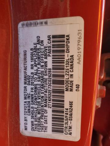 2T1KR32E73C026288 - 2003 TOYOTA COROLLA MA XR RED photo 12