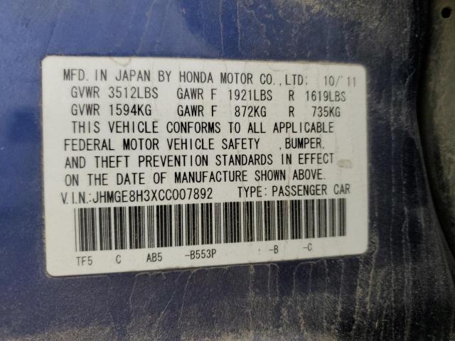 JHMGE8H3XCC007892 - 2012 HONDA FIT BLUE photo 12