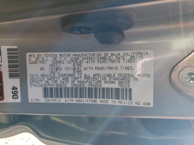 3TMJU4GN7FM189432 - 2015 TOYOTA TACOMA DOUBLE CAB PRERUNNER SILVER photo 12