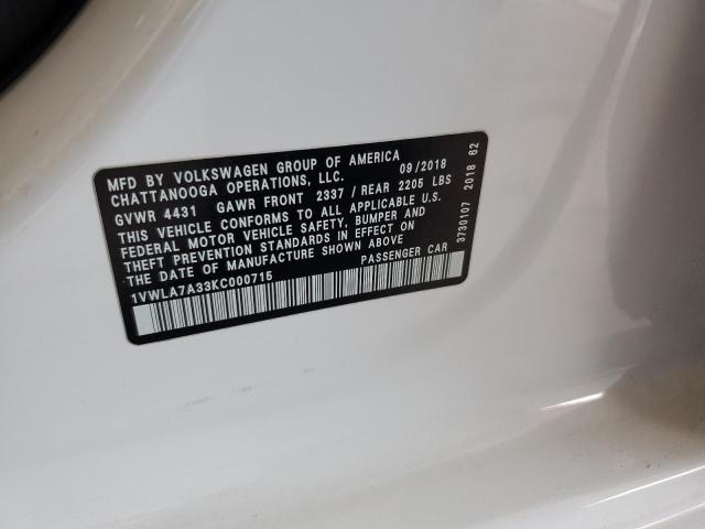 1VWLA7A33KC000715 - 2019 VOLKSWAGEN PASSAT WOLFSBURG WHITE photo 12