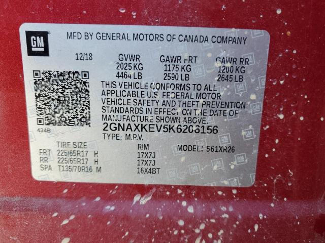 2GNAXKEV5K6206156 - 2019 CHEVROLET EQUINOX LT RED photo 12