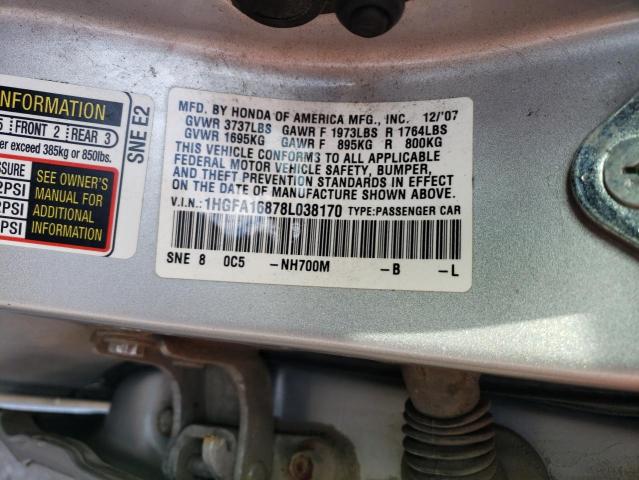 1HGFA16878L038170 - 2008 HONDA CIVIC EX SILVER photo 12