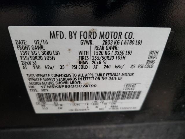 1FM5K8F86GGC24799 - 2016 FORD EXPLORER LIMITED BLACK photo 12