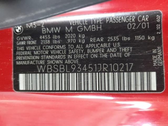 WBSBL93451JR10217 - 2001 BMW M3 CI RED photo 12