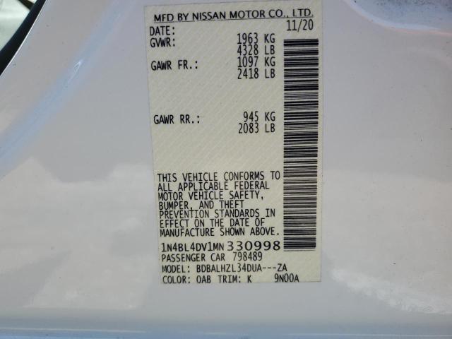 1N4BL4DV1MN330998 - 2021 NISSAN ALTIMA SV WHITE photo 12