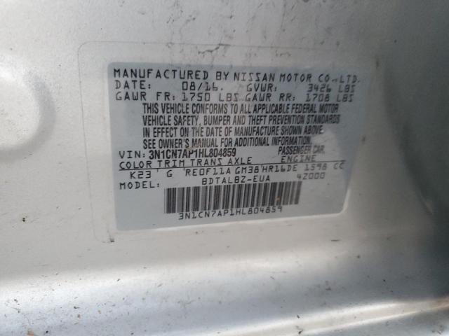 3N1CN7AP1HL804859 - 2017 NISSAN VERSA S SILVER photo 12