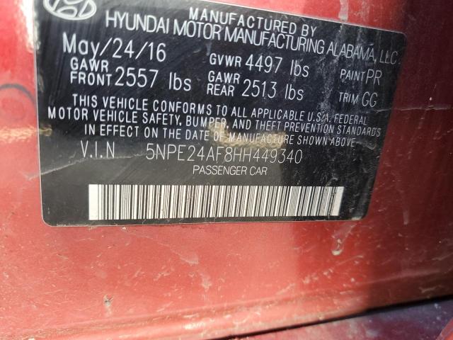 5NPE24AF8HH449340 - 2017 HYUNDAI SONATA SE RED photo 12